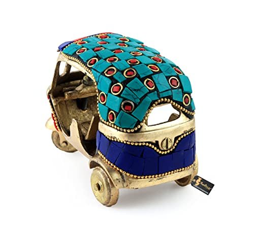 Vintage Brass Auto Rickshaw Miniature with Gemstone Decor