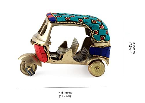 Vintage Brass Auto Rickshaw Miniature with Gemstone Decor