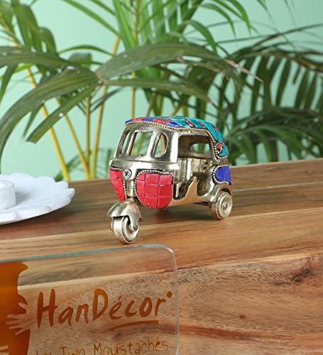 Vintage Brass Auto Rickshaw Miniature with Gemstone Decor